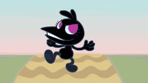 A Black Cartoon Character With Pink Eyes Is Standing On A Rug On A Field . GIF