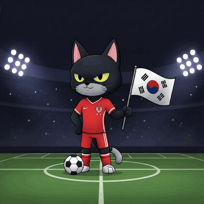 A Black Cat Holding A Korean Flag And A Soccer Ball On A Field GIF