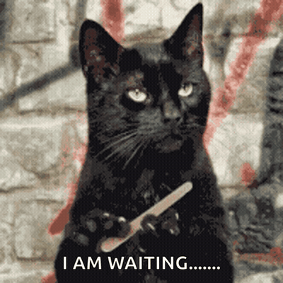 A Black Cat Holding A Nail File With The Words I Am Waiting Behind It GIF