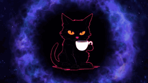 A Black Cat Is Holding A Cup Of Coffee And Says Hope You 'Re Having A Nice Day GIF