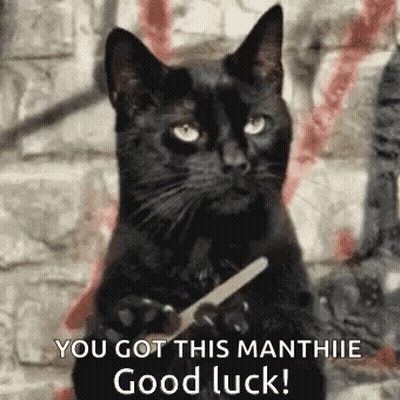 A Black Cat Is Holding A Nail File In Its Paws And Says `` You Got This Manthie Good Luck ! '' GIF