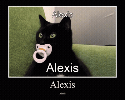 A Black Cat Is Holding A Pacifier In Its Mouth And The Name Alexis Is On The Poster GIF