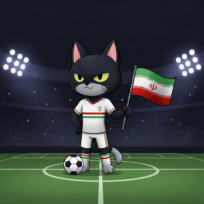 A Black Cat Is Holding An Iranian Flag And A Soccer Ball GIF