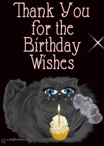 A Black Cat Is Holding Balloons And A Cupcake With A Candle On It And Says Thank You For The Birthday Wishes GIF
