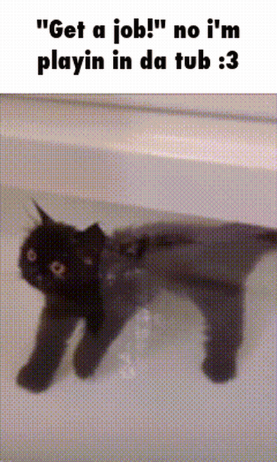 A Black Cat Is In A Bathtub With The Caption " Get A Job No I 'M Playin In Da Tub 3 " GIF