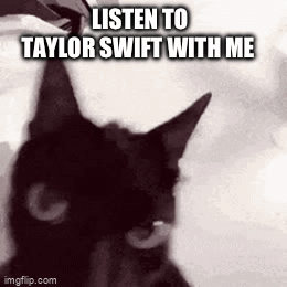 A Black Cat Is Looking At The Camera With The Words `` Listen To Taylor Swift With Me '' Written On It . GIF