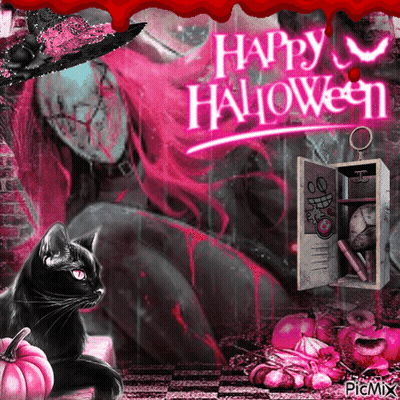 A Black Cat Is Sitting In Front Of A Pink Background That Says Happy Halloween GIF