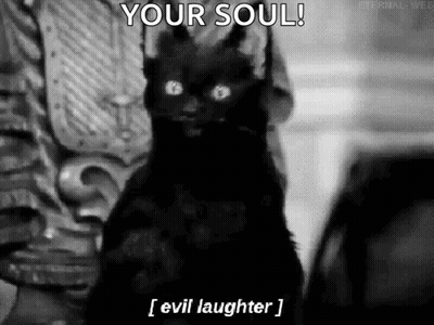 A Black Cat Is Sitting In Front Of A Statue With The Words `` Your Soul ! Evil Laughter ! '' GIF