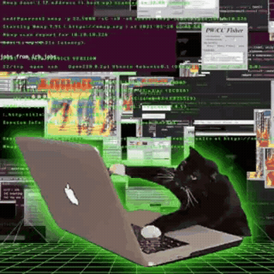 A Black Cat Is Sitting In Front Of An Apple Laptop Computer GIF