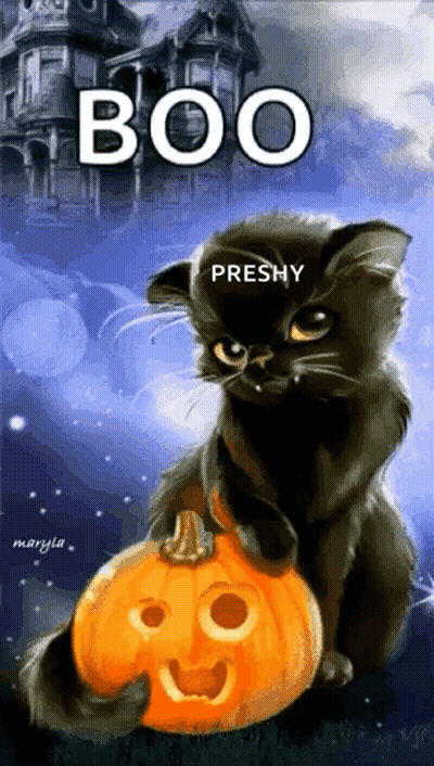 A Black Cat Is Sitting Next To A Pumpkin With A Face On It GIF
