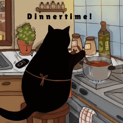 A Black Cat Is Sitting On A Stool In Front Of A Pot Of Food With The Words Dinnertime Below It GIF