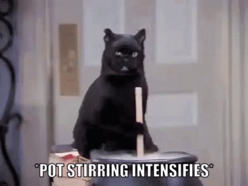A Black Cat Is Sitting On Top Of A Pot With A Stick Sticking Out Of It . GIF