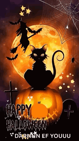 A Black Cat Is Sitting On Top Of A Pumpkin With A Witch On A Broom In The Background . GIF