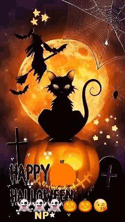 A Black Cat Is Sitting On Top Of A Pumpkin With A Witch On A Broom In The Background . GIF