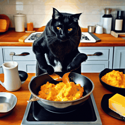 A Black Cat Is Standing On Its Hind Legs In Front Of A Pan Of Food GIF