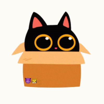A Black Cat Is Sticking Its Head Out Of A Cardboard Box With Two Emojis On It GIF