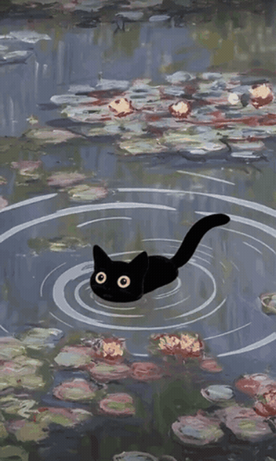 A Black Cat Is Swimming In A Pond Surrounded By Lily Pads GIF