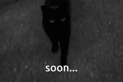 A Black Cat Is Walking In The Dark And The Words Soon Are Below It GIF