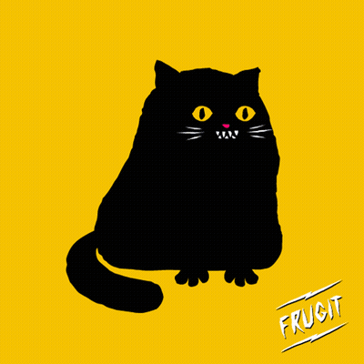 A Black Cat On A Yellow Background With The Word Frucit GIF