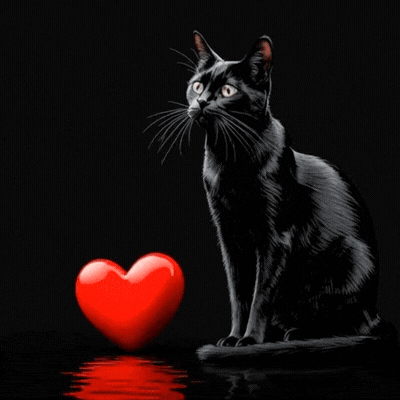 A Black Cat Sits Next To A Red Heart On A Black Background GIF