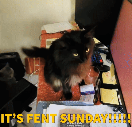 A Black Cat Sits On A Desk With The Words It 'S Fent Sunday Written Below It GIF
