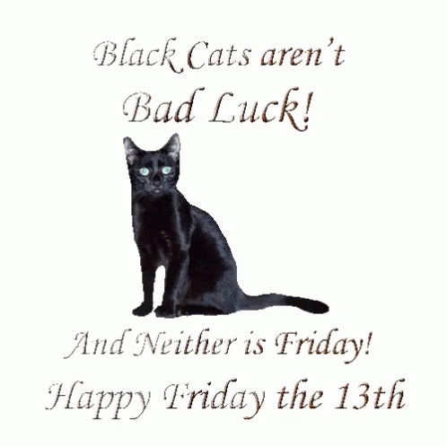 A Black Cat Sits On A White Background With The Words " Black Cats Aren 'T Bad Luck And Neither Is Friday " GIF