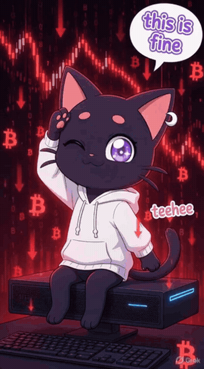 A Black Cat Sitting On Top Of A Computer With A Speech Bubble Saying This Is Fine GIF