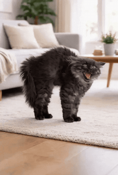 a black cat standing on its hind legs with its mouth open in a living room