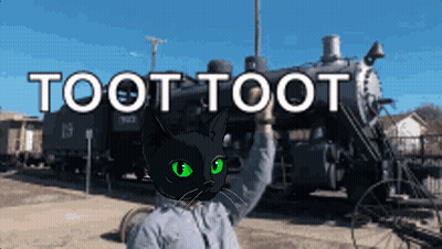 A Black Cat Stands In Front Of A Train With The Words Toot Toot GIF