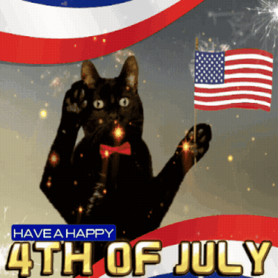 A Black Cat Wearing A Bow Tie Is Holding An American Flag And Says Have A Happy 4Th Of July On The Bottom GIF