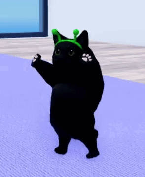 A Black Cat Wearing A Green Headband Is Standing On Its Hind Legs On A Purple Carpet . GIF