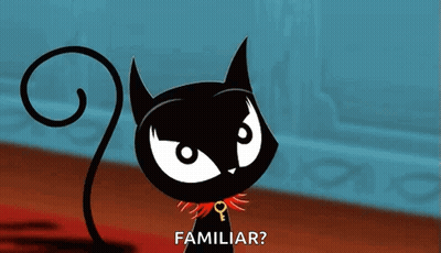 A Black Cat Wearing A Red Collar With A Key On It Says Familiar GIF