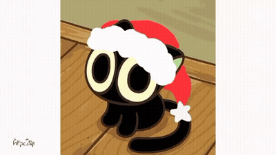 A Black Cat Wearing A Santa Hat Is Laying On A Wooden Floor GIF