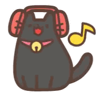 A Black Cat Wearing Headphones And A Yellow Note Sticker