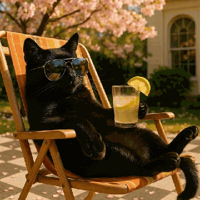 A Black Cat Wearing Sunglasses Sits In A Chair With A Drink GIF