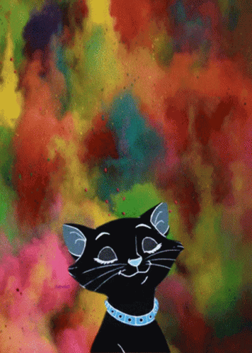 A Black Cat With A Blue Collar Is Smiling With A Colorful Background Behind It GIF
