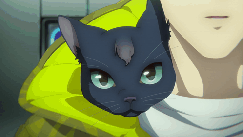 A Black Cat With Green Eyes Is Being Held By A Person In A Yellow Jacket GIF