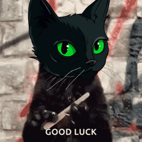 A Black Cat With Green Eyes Is Holding A Toothbrush And The Words Good Luck Below It GIF