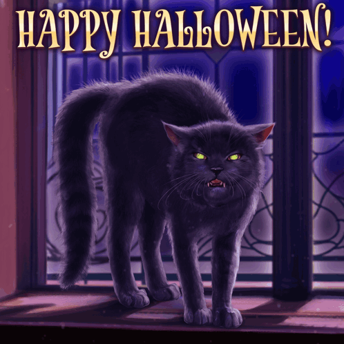 A Black Cat With Green Eyes Is Standing In Front Of A Window With The Words Happy Halloween Above It GIF