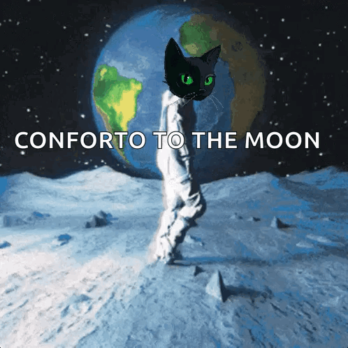 A Black Cat With Green Eyes Is Walking On The Moon With The Words Conforto To The Moon Below It GIF