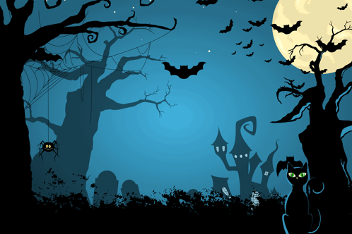 A Black Cat With Green Eyes Stands In Front Of A Halloween Scene GIF