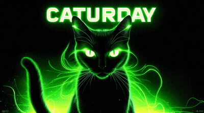A Black Cat With Neon Green Eyes And The Words Saturday Behind It GIF