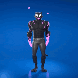 A Black Cat With Pink Eyes Is Standing With His Arms Outstretched On A Blue Background GIF