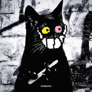 A Black Cat With Pixelated Eyes Is Holding A Knife In Its Mouth . GIF
