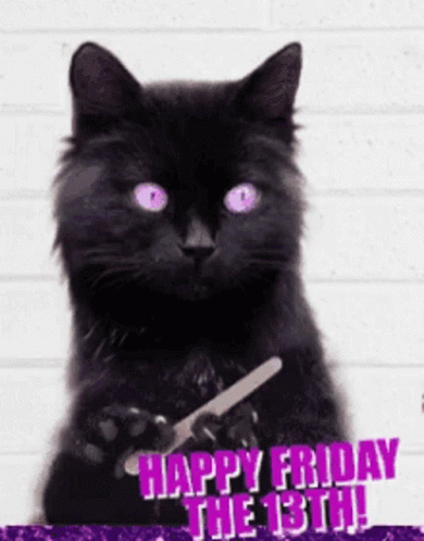 A Black Cat With Purple Eyes Is Holding A Knife And Says Happy Friday The 13Th . GIF