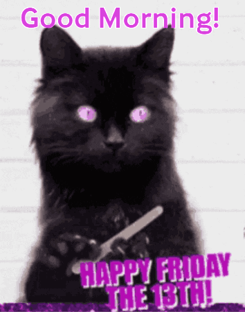 A Black Cat With Purple Eyes Is Holding A Pair Of Scissors And Says " Good Morning " GIF