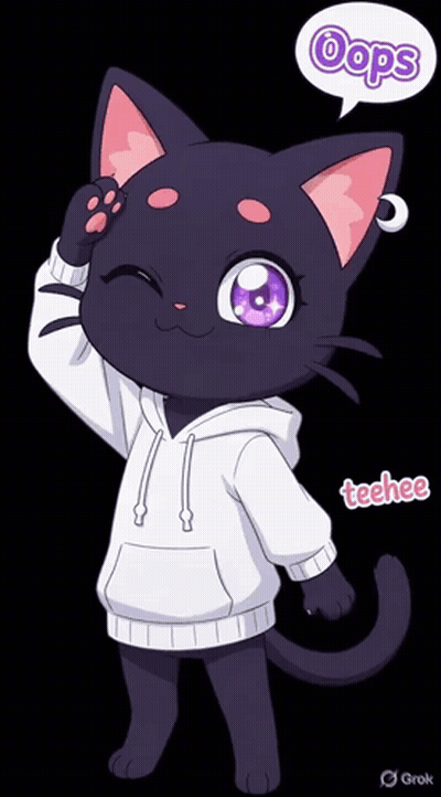 A Black Cat With Purple Eyes Is Wearing A White Hoodie And Says Oops Teehee GIF