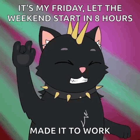 A Black Cat With Spikes On Its Neck Says It 'S My Friday Let The Weekend Start In 8 Hours GIF