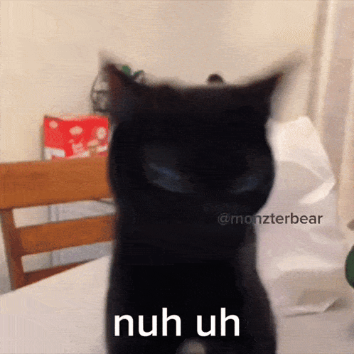 A Black Cat With The Words Nuh Uh Written On It GIF