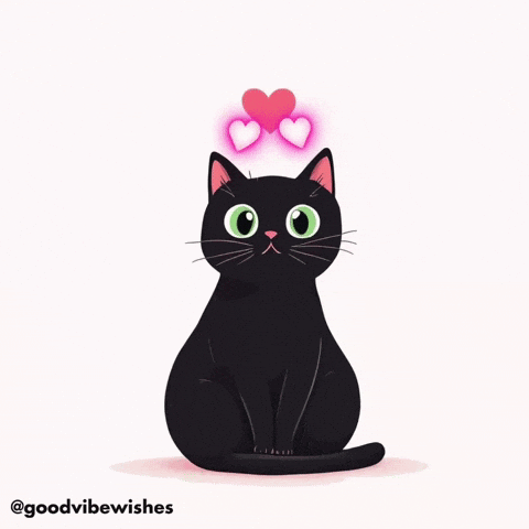 A Black Cat With Two Pink Hearts On Its Head And The Words Goodvibewishes Below It GIF